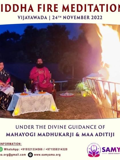 An announcement for our Siddha Fire Meditation in Vijayawada, set against the backdrop of a serene evening fire ceremony. It invites seekers to ignite their inner spark.