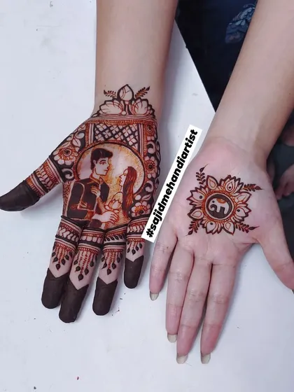 Creating custom portrait mehandi is a skill that sets you apart. In my advanced module, we focus on capturing likenesses and emotions, like in this couple portrait, turning a henna design into a personal story.
