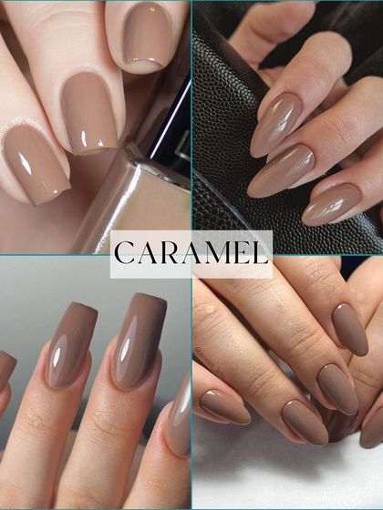 Caramel is a warm and inviting nail color, perfect for a cozy autumn vibe. This collage shows how this shade, reminiscent of a warm latte, adds a touch of understated elegance to your manicure.