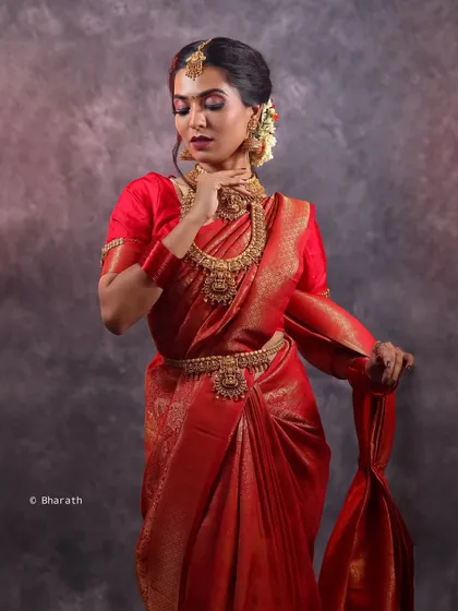 A full-body shot that showcases the beautiful fall of the red silk saree. The studio lighting is set to emphasize the golden zari work throughout the fabric.