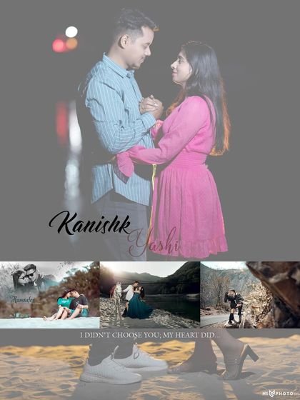 A creative album page design that layers a main portrait over a collage of smaller moments from the couple's multi-location shoot.