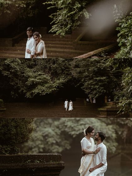 A collage of a couple's pre-wedding shoot on ancient temple steps, showcasing their story through a series of beautiful frames.