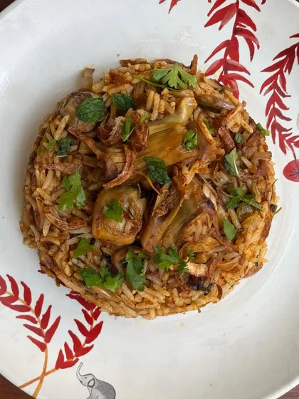 A beautifully plated serving of our Thalassery-style Jackfruit Biryani. This summer superstar is a testament to how versatile this miracle fruit can be, creating a biryani that is both hearty and delicious.