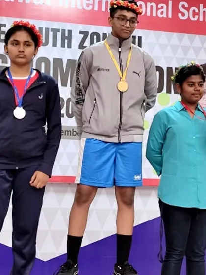 Riddhi Pawase standing tall on the podium, a gold medalist at the CBSE South Zone II championships.