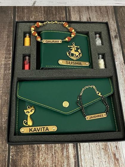 The bhai-bhabhi wallet and rakhi combo shown in a stylish green leather finish.