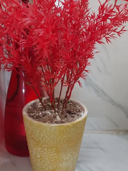 A vibrant red artificial plant in a yellow ceramic pot with a subtle embossed pattern. This combination of bold colours is sure to make a statement and add a pop of energy to your decor.