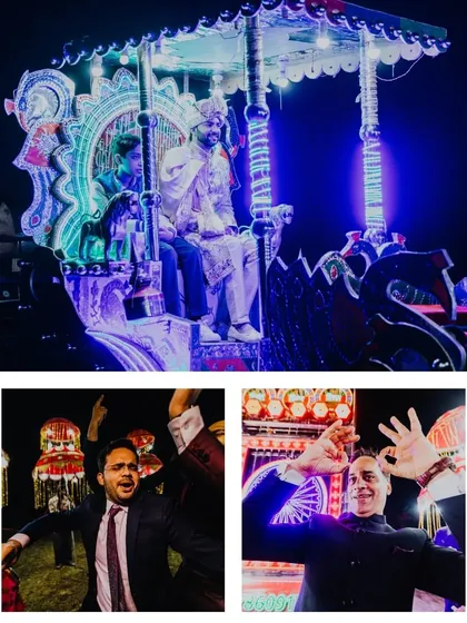 The groom's grand baraat entrance on an illuminated carriage, with friends and family dancing alongside.
