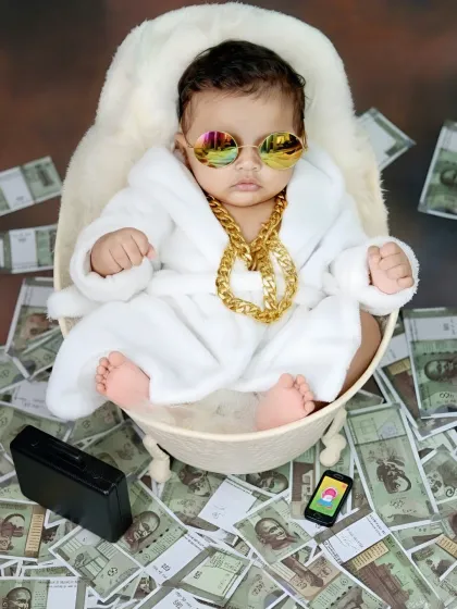This newborn boss baby means business, wearing cool sunglasses and a gold chain while surrounded by piles of play money.
