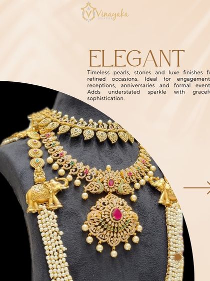 An elegant and timeless bridal set featuring pearls, stones, and a unique elephant motif on the long haar. This sophisticated design is perfect for engagements and receptions.