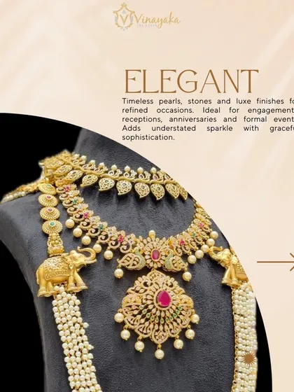 An elegant and timeless bridal set featuring intricate leaf motifs and elephant designs with pearl detailing. This is a great choice for engagements, receptions, and formal wedding events.