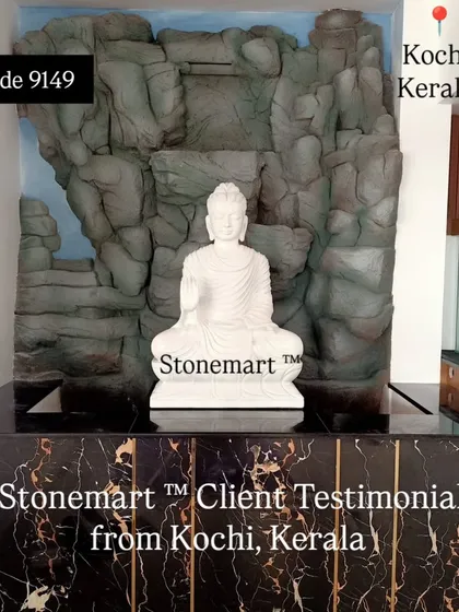 Another view of the 3-foot marble Buddha in its new home in Kochi, Kerala. The statue's serene presence enhances the entire space.