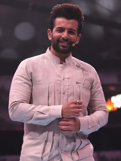 A close-up of Jay Bhanushali in the custom-designed kurta. The subtle embroidery and tailored fit highlight the bespoke quality of the garment.