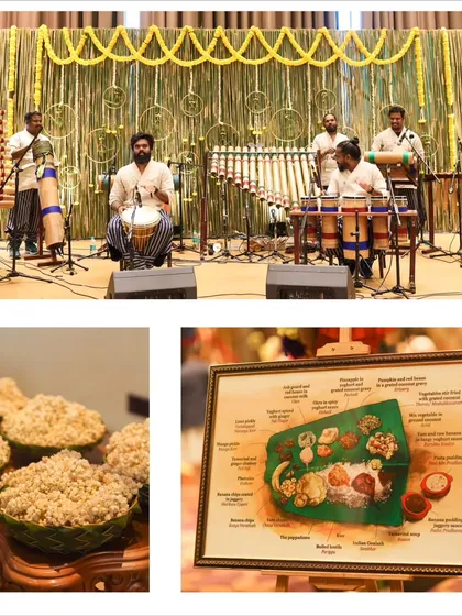 This collage highlights the cultural entertainment and culinary experience of the Kochi wedding. It features a traditional music ensemble and a visual guide to the elaborate Sadya meal served on a banana leaf.