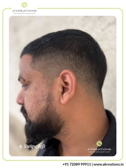 A perfect example of a skin fade. Our stylists are meticulous in blending the hair for a seamless transition that looks sharp from every angle.