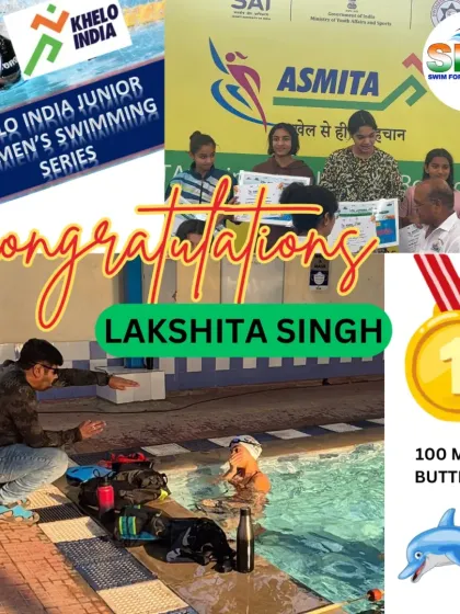 A golden start to the year for Lakshita Singh at the Khelo India Junior Women's series. This collage celebrates her win in the 100-meter butterfly.