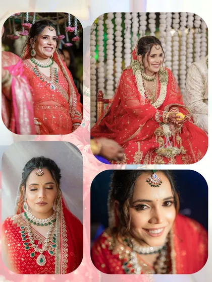 A collage of my bride's soft glam look. Each photo captures her natural beauty and the effortless elegance of her red bridal attire.