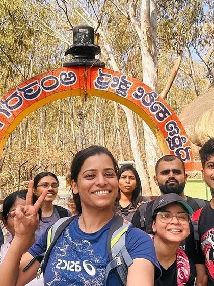 Our group at the entrance of the Antaragange temple, the starting point for the trek and cave exploration.