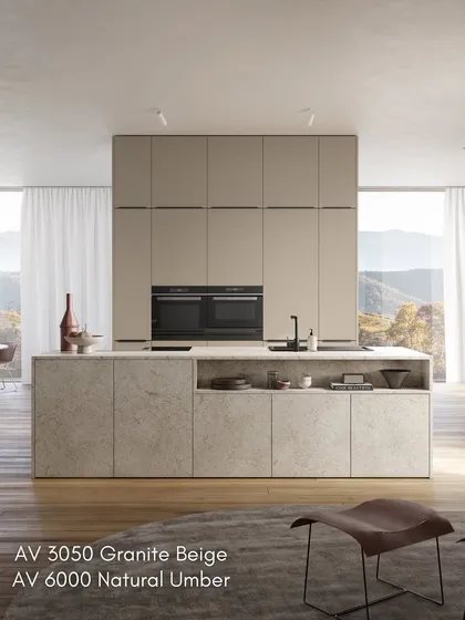 Another version of our stone-look kitchen, this time pairing Granite Beige fronts with Natural Umber cabinets for a warmer, earthier feel.