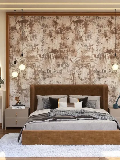 A direct view of the bed and accent wall. The rich brown tones of the bed frame and the warm lighting create a cozy and inviting atmosphere, perfect for unwinding.