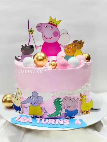 A simple and cute Peppa Pig theme cake with a strawberry flavor inside. This fondant-free design is perfect for younger kids' parties, featuring Peppa and her friends in various poses.