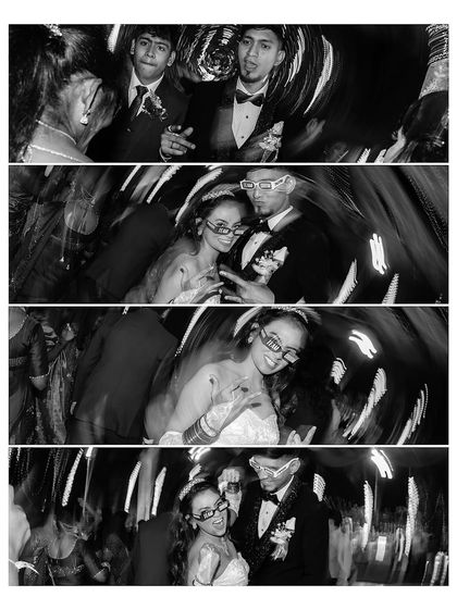 A dynamic black and white collage of the couple on the dance floor, using a motion blur effect. This artistic technique conveys the energy and fun of the party.