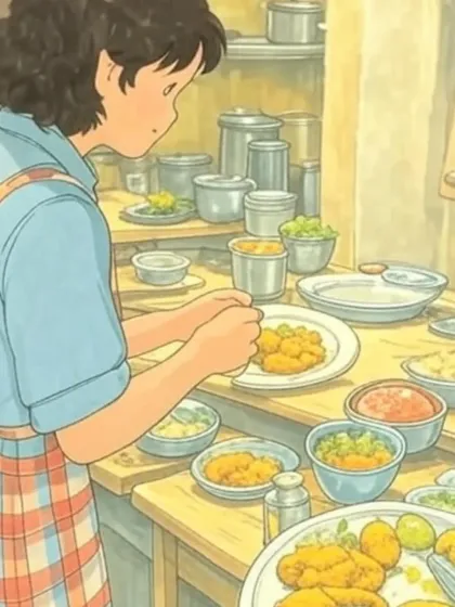 This Ghibli-style artwork depicts a food stylist meticulously preparing plates in a busy kitchen. It’s a nod to the careful craft and dedication that happens behind the scenes of every beautiful food photograph.