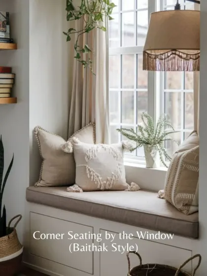 We created this cozy corner seating by the window, a modern take on the traditional 'baithak' style. It’s the perfect spot to enjoy a cup of chai and watch the world go by.