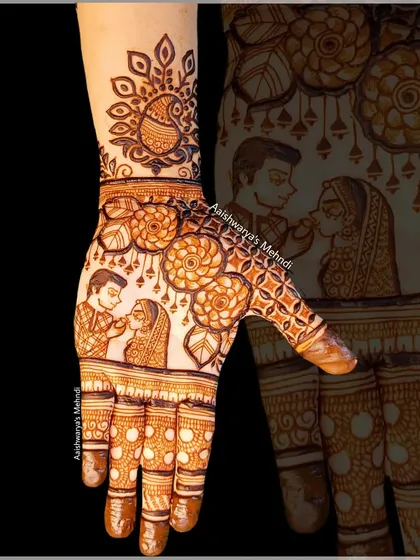 A creative Karwa Chauth design that tells a story across the hand, with different scenes and motifs celebrating the festival.