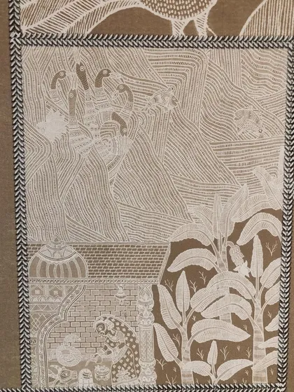 A close-up of a panel from the Indian folk art wallpaper, showcasing the fine line work and storytelling elements within the design.