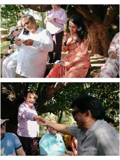 A collage showing guests of all ages enjoying the wedding games. These candid shots are full of laughter and friendly competition.
