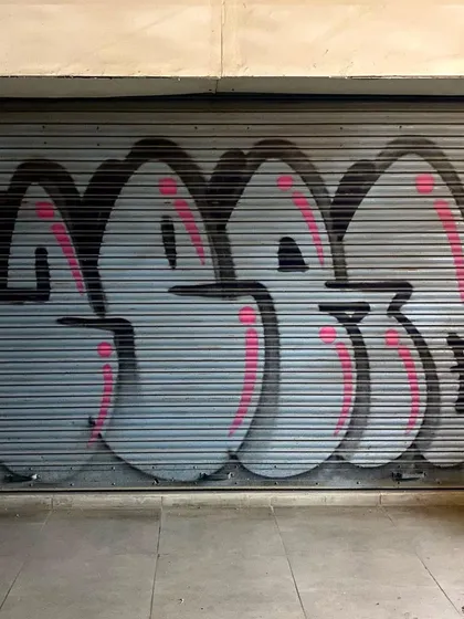 A classic "throw-up" on a shop shutter in Nehru Place, New Delhi. This bubble-style lettering is a core part of graffiti culture, designed for speed and high visibility.