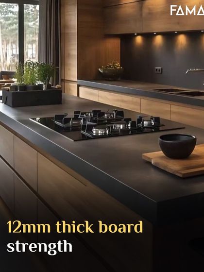 This image highlights the core of our promise: strength. The 12mm thick board is a high-density composite of metal, resins, and more, making it the only truly non-porous material available for kitchens. It provides the structural integrity needed for a lifetime of use.
