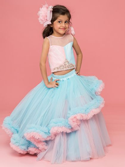 A sky blue and pink frill skirt and top set, offering a different color combination of our popular ruffled style.