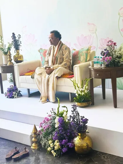 We had the honor of styling this serene spiritual event. The stage was designed to feel calm and welcoming, using a backdrop of soft lotus illustrations and arrangements of purple and white florals. This setup shows our ability to create a tranquil, respectful, and beautiful atmosphere for more contemplative gatherings.