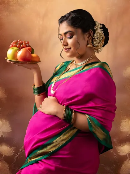 This portrait emphasizes the traditional elements of a seemantham, with the mother-to-be holding a platter of fruits. Her gaze and the soft lighting create a poetic and timeless image, perfect for an artistic maternity album.