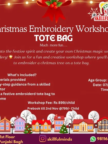 Getting into the festive spirit with our Christmas Embroidery Workshop. This beginner-friendly session teaches children aged 6 and up how to embroider a Christmas tree on a tote bag.