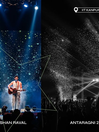 A split-screen graphic of Darshan Raval at Antaragni 2023, showing both his performance and the confetti-filled spectacle.