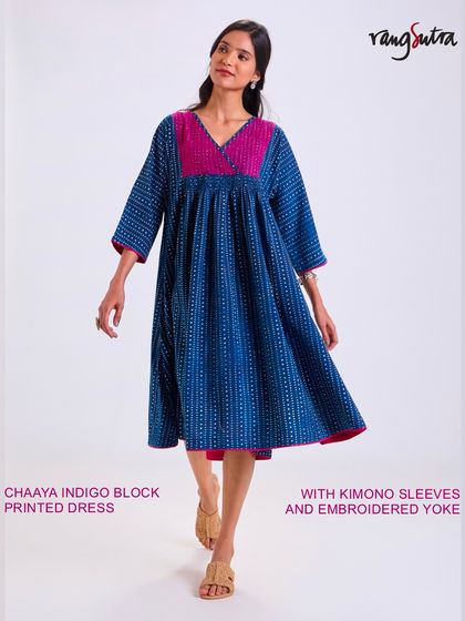 This Chaaya Indigo Block Printed Dress features kimono sleeves and an embroidered yoke. The breezy silhouette and soft cotton fabric make it an easy, comfortable choice for everyday wear.