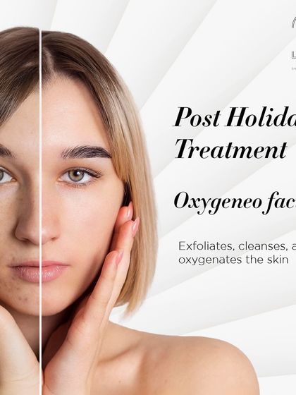Post-holiday skin feeling dull? This graphic shows our Oxygeneo facial, which exfoliates, cleanses, and oxygenates the skin for immediate results.