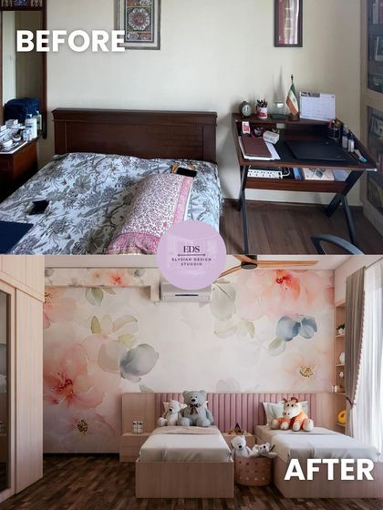 A bedroom should be a retreat. We transformed this space by replacing mismatched furniture with a cohesive design, featuring twin beds, a soft floral wallpaper, and integrated storage to create a serene and dreamy room for children.