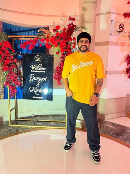 Ready to welcome the guests at the entrance for Gurjyot and Kirtan's wedding celebration.