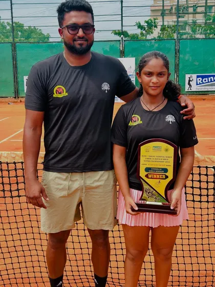 Celebrating Eshita's victory at the NS U/16 Tournament in Trichy. Here she is with her coach, showcasing the strong player-coach partnership that is central to our training philosophy and our players' success.