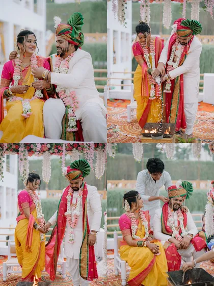 A collage of the wedding rituals. The couple looks serene and happy as they perform the ceremonies.