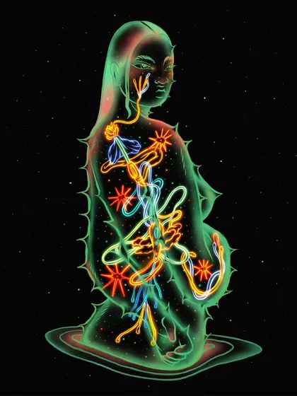 A variation of my "Bioluminescence I" piece, presented without the oval frame. This version allows the glowing, surreal figure to exist freely in the dark, emphasizing the contrast and the intricate details of the internal light forms.