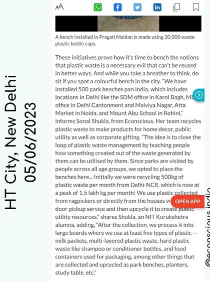 Our work was featured in HT City on World Environment Day, highlighting our model of recycling 500kg of plastic per month from Delhi-NCR to create public utility resources.