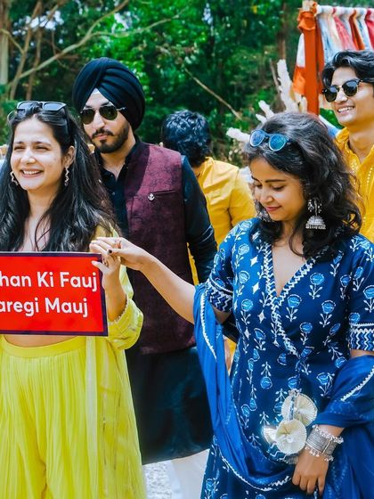The bride's crew, or 'Dulhan Ki Fauj', ready to bring the fun. I love seeing the wedding party get into the spirit, and I make sure they have the tracks to fuel their 'mauj'.