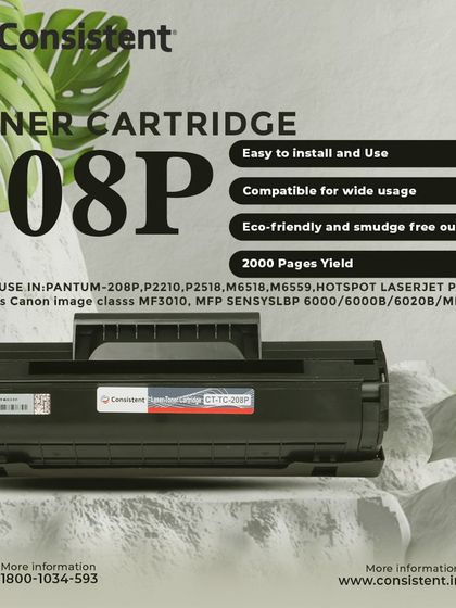 My 208P toner cartridge is compatible with Pantum and Canon imageCLASS printers. It delivers a 2000-page yield and ensures an eco-friendly, smudge-free output for professional documents.