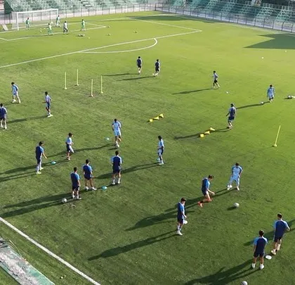 Pre-activation drills with the Indian U17 squad. These controlled movements are designed to wake up the muscles and prepare the players for the main football training session.