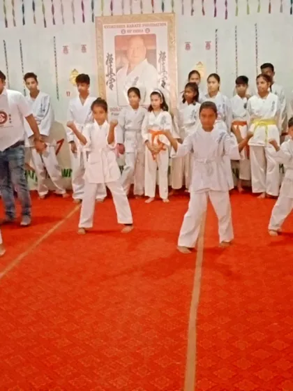 The belt test begins. The youngest students are in front, showing their stances. Their journey in karate is just beginning.