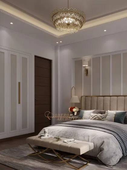 A bedroom design focused on linear patterns, seen in the headboard, back wall, and wardrobes, creating a cohesive and visually interesting space.